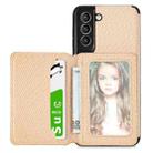 For Samsung Galaxy S21 5G Carbon Fiber Magnetic Card Bag TPU+PU Shockproof Back Cover Case with Holder & Card Slot & Photo Frame(Khaki) - 1