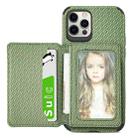 For iPhone 12 / 12 Pro Carbon Fiber Magnetic Card Bag TPU+PU Shockproof Back Cover Case with Holder & Card Slot & Photo Frame(Green) - 1