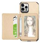 For iPhone 12 / 12 Pro Carbon Fiber Magnetic Card Bag TPU+PU Shockproof Back Cover Case with Holder & Card Slot & Photo Frame(Khaki) - 1