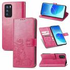 For OPPO Reno6 Pro Four-leaf Clasp Embossed Buckle Mobile Phone Protection Leather Case with Lanyard & Card Slot & Wallet & Bracket Function(Magenta) - 1