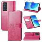 For OPPO Reno6 Pro+ Four-leaf Clasp Embossed Buckle Mobile Phone Protection Leather Case with Lanyard & Card Slot & Wallet & Bracket Function(Magenta) - 1
