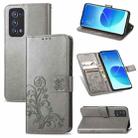 For OPPO Reno6 Pro+ Four-leaf Clasp Embossed Buckle Mobile Phone Protection Leather Case with Lanyard & Card Slot & Wallet & Bracket Function(Gray) - 1