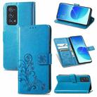 For OPPO Reno6 Pro+ Four-leaf Clasp Embossed Buckle Mobile Phone Protection Leather Case with Lanyard & Card Slot & Wallet & Bracket Function(Blue) - 1