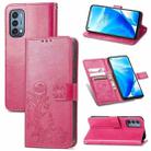 For OnePlus Nord N200 5G Four-leaf Clasp Embossed Buckle Mobile Phone Protection Leather Case with Lanyard & Card Slot & Wallet & Bracket Function(Magenta) - 1