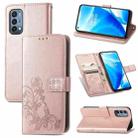For OnePlus Nord N200 5G Four-leaf Clasp Embossed Buckle Mobile Phone Protection Leather Case with Lanyard & Card Slot & Wallet & Bracket Function(Rose Gold) - 1