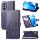 For OnePlus Nord N200 5G Four-leaf Clasp Embossed Buckle Mobile Phone Protection Leather Case with Lanyard & Card Slot & Wallet & Bracket Function(Purple) - 1