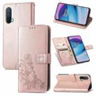For OnePlus Nord CE 5G Four-leaf Clasp Embossed Buckle Mobile Phone Protection Leather Case with Lanyard & Card Slot & Wallet & Bracket Function(Rose Gold) - 1