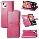 For iPhone 13 Four-leaf Clover Clasp Embossed Buckle Mobile Phone Protection Leather Case with Lanyard & Card Slot & Wallet & Bracket Function(Magenta) - 1