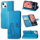 For iPhone 13 Four-leaf Clover Clasp Embossed Buckle Mobile Phone Protection Leather Case with Lanyard & Card Slot & Wallet & Bracket Function(Blue) - 1