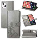For iPhone 13 Four-leaf Clover Clasp Embossed Buckle Mobile Phone Protection Leather Case with Lanyard & Card Slot & Wallet & Bracket Function(Grey) - 1