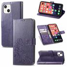 For iPhone 13 Four-leaf Clover Clasp Embossed Buckle Mobile Phone Protection Leather Case with Lanyard & Card Slot & Wallet & Bracket Function(Purple) - 1