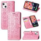 For iPhone 13 Cute Cat and Dog Embossed Horizontal Flip Leather Case with Holder & Card Slots & Wallet & Lanyard For iPhone  13(Pink) - 1