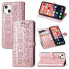 For iPhone 13 Cute Cat and Dog Embossed Horizontal Flip Leather Case with Holder & Card Slots & Wallet & Lanyard For iPhone  13(Rose Gold) - 1