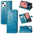 Cute Cat and Dog Embossed Horizontal Flip Leather Case with Holder & Card Slots & Wallet & Lanyard For iPhone  13(Blue) - 1