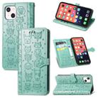 For iPhone 13 Cute Cat and Dog Embossed Horizontal Flip Leather Case with Holder & Card Slots & Wallet & Lanyard For iPhone  13(Green) - 1