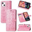 For iPhone 13 mini Cute Cat and Dog Embossed Horizontal Flip Leather Case with Holder & Card Slots & Wallet & Lanyard (Pink) - 1
