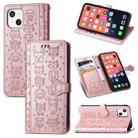 For iPhone 13 mini Cute Cat and Dog Embossed Horizontal Flip Leather Case with Holder & Card Slots & Wallet & Lanyard (Rose Gold) - 1