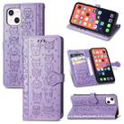 For iPhone 13 mini Cute Cat and Dog Embossed Horizontal Flip Leather Case with Holder & Card Slots & Wallet & Lanyard (Purple) - 1