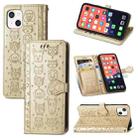 For iPhone 13 mini Cute Cat and Dog Embossed Horizontal Flip Leather Case with Holder & Card Slots & Wallet & Lanyard (Gold) - 1