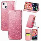 For iPhone 13 Blooming Mandala Embossed Pattern Magnetic Horizontal Flip Leather Case with Holder & Card Slots & Wallet(Pink) - 1