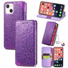 For iPhone 13 Blooming Mandala Embossed Pattern Magnetic Horizontal Flip Leather Case with Holder & Card Slots & Wallet(Purple) - 1