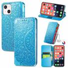 For iPhone 13 mini  Blooming Mandala Embossed Pattern Magnetic Horizontal Flip Leather Case with Holder & Card Slots & Wallet(Blue) - 1