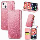 For iPhone 13 mini  Blooming Mandala Embossed Pattern Magnetic Horizontal Flip Leather Case with Holder & Card Slots & Wallet(Pink) - 1