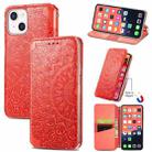 For iPhone 13 mini  Blooming Mandala Embossed Pattern Magnetic Horizontal Flip Leather Case with Holder & Card Slots & Wallet(Red) - 1