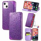 For iPhone 13 mini  Blooming Mandala Embossed Pattern Magnetic Horizontal Flip Leather Case with Holder & Card Slots & Wallet(Purple) - 1