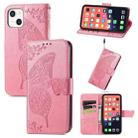For iPhone 13 Butterfly Love Flower Embossed Horizontal Flip Leather Case with Bracket / Card Slot / Wallet / Lanyard(Pink) - 1