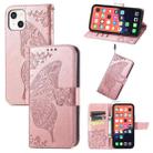 For iPhone 13 Butterfly Love Flower Embossed Horizontal Flip Leather Case with Bracket / Card Slot / Wallet / Lanyard(Rose Gold) - 1