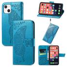 For iPhone 13 Butterfly Love Flower Embossed Horizontal Flip Leather Case with Bracket / Card Slot / Wallet / Lanyard(Blue) - 1