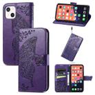 For iPhone 13 Butterfly Love Flower Embossed Horizontal Flip Leather Case with Bracket / Card Slot / Wallet / Lanyard(Dark Purple) - 1