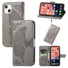 For iPhone 13 Butterfly Love Flower Embossed Horizontal Flip Leather Case with Bracket / Card Slot / Wallet / Lanyard(Grey) - 1