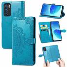 For OPPO Reno6 5G Mandala Flower Embossed Horizontal Flip Leather Case with Holder & Three Card Slots & Wallet & Lanyard(Blue) - 1