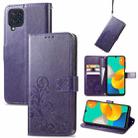For Samsung Galaxy M32 Four-leaf Clasp Embossed Buckle Mobile Phone Protection Leather Case with Lanyard & Card Slot & Wallet & Bracket Function(Purple) - 1