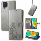 For Samsung Galaxy M32 Four-leaf Clasp Embossed Buckle Mobile Phone Protection Leather Case with Lanyard & Card Slot & Wallet & Bracket Function(Gray) - 1