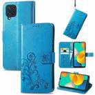 For Samsung Galaxy M32 Four-leaf Clasp Embossed Buckle Mobile Phone Protection Leather Case with Lanyard & Card Slot & Wallet & Bracket Function(Blue) - 1
