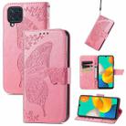 For Samsung Galaxy M32 Butterfly Love Flowers Embossed Horizontal Flip Leather Case with Holder & Card Slots & Wallet & Lanyard(Pink) - 1