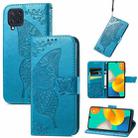 For Samsung Galaxy M32 Butterfly Love Flowers Embossed Horizontal Flip Leather Case with Holder & Card Slots & Wallet & Lanyard(Blue) - 1