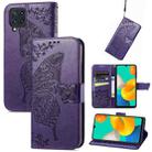 For Samsung Galaxy M32 Butterfly Love Flowers Embossed Horizontal Flip Leather Case with Holder & Card Slots & Wallet & Lanyard(Dark Purple) - 1