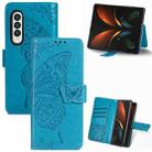 For Samsung Galaxy Z Fold3 Butterfly Love Flowers Embossed Horizontal Flip Leather Case with Holder & Card Slots & Wallet & Lanyard(Blue) - 1