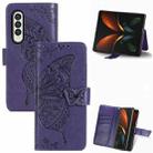 For Samsung Galaxy Z Fold3 Butterfly Love Flowers Embossed Horizontal Flip Leather Case with Holder & Card Slots & Wallet & Lanyard(Dark Purple) - 1