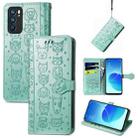 For OPPO Reno6 5G Cute Cat and Dog Embossed Horizontal Flip Leather Case with Holder & Card Slots & Wallet & Lanyard(Green) - 1