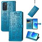 For OPPO Reno6 5G Cute Cat and Dog Embossed Horizontal Flip Leather Case with Holder & Card Slots & Wallet & Lanyard(Blue) - 1