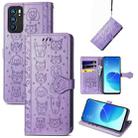 For OPPO Reno6 5G Cute Cat and Dog Embossed Horizontal Flip Leather Case with Holder & Card Slots & Wallet & Lanyard(Purple) - 1