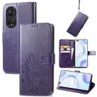 For Honor 50 Pro Four-leaf Clasp Embossed Buckle Mobile Phone Protection Leather Case with Lanyard & Card Slot & Wallet & Bracket Function(Purple) - 1