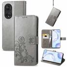 For Honor 50 Pro Four-leaf Clasp Embossed Buckle Mobile Phone Protection Leather Case with Lanyard & Card Slot & Wallet & Bracket Function(Gray) - 1