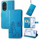 For Honor 50 Pro Four-leaf Clasp Embossed Buckle Mobile Phone Protection Leather Case with Lanyard & Card Slot & Wallet & Bracket Function(Blue) - 1