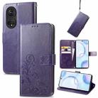 For Honor 50 Four-leaf Clasp Embossed Buckle Mobile Phone Protection Leather Case with Lanyard & Card Slot & Wallet & Bracket Function(Purple) - 1